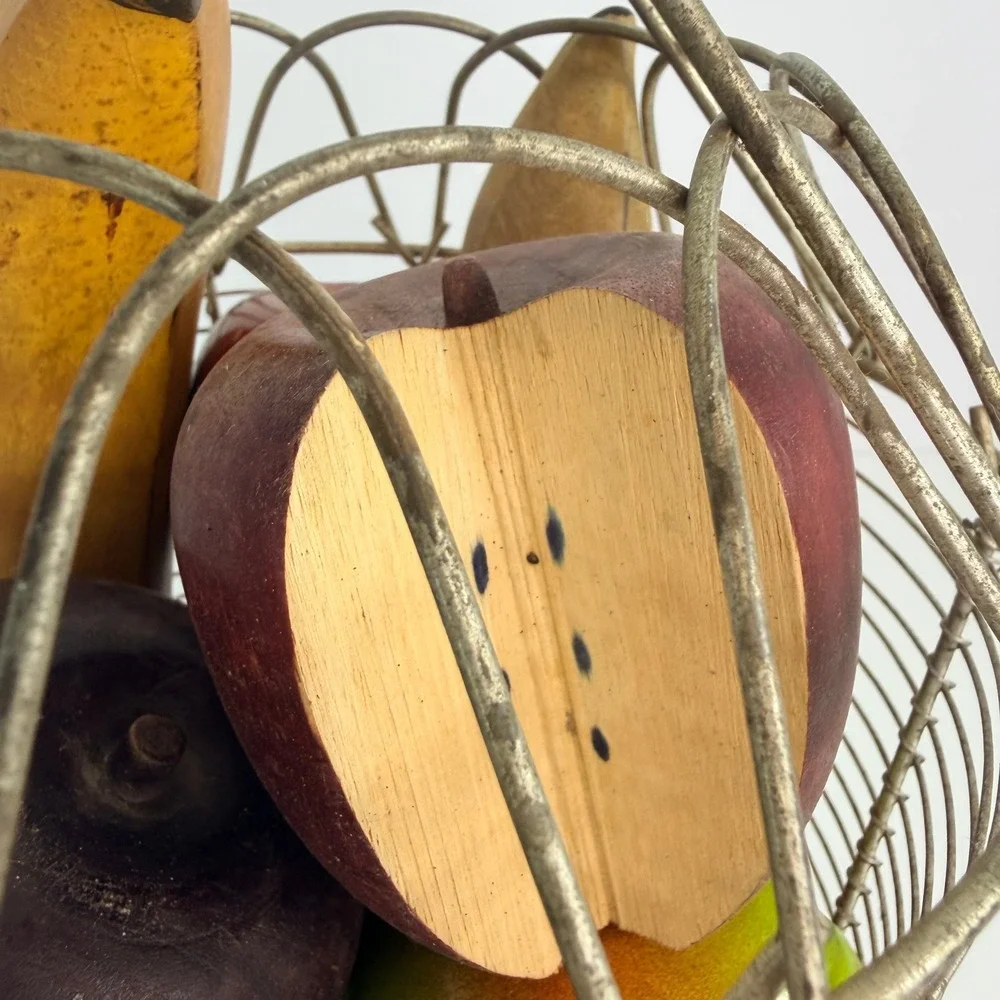 French egg wire basket with wooden fruits vintage primitive decor fruit basket